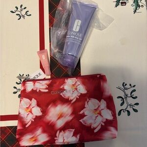 Clinique Red and Pink Floral Pouch take the day off and moisture surge